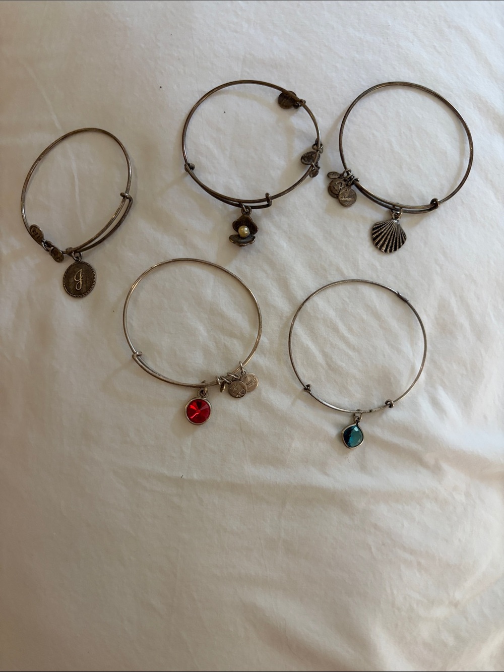Alex and Ani Silver metal Stackable Charm BraceBangle Set with Red and Teal Char
